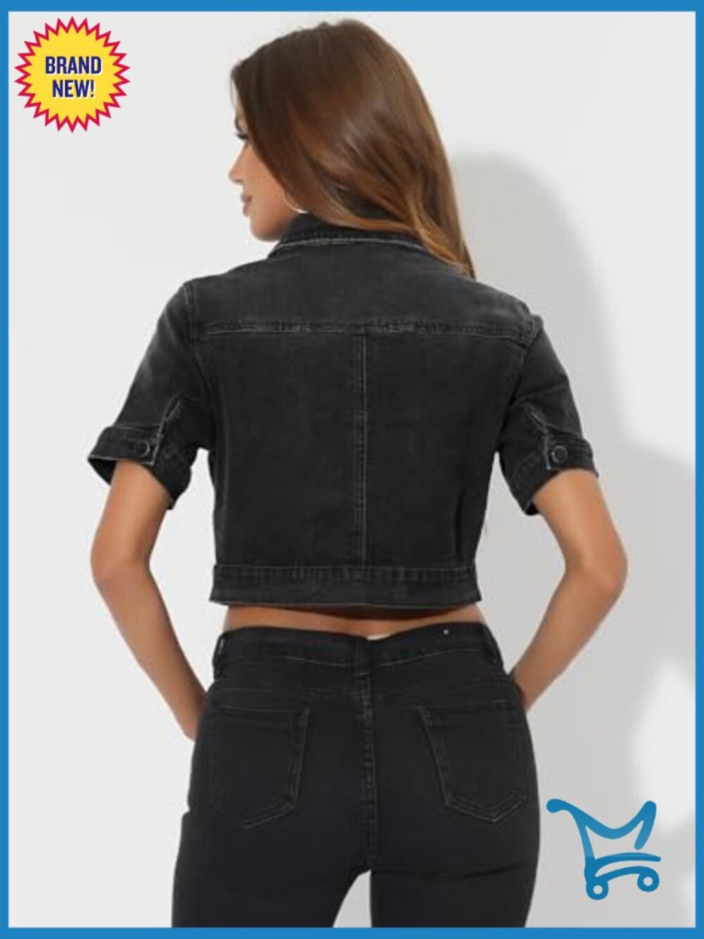 Short Sleeve Crop Denim Jacket Casual Jean Jacket Women - Picture 2 of 6